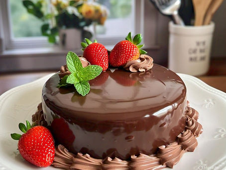 A rich chocolate cake adorned with fresh strawberries and mint leaves sits on a decorative plate, set against a cozy kitchen background.