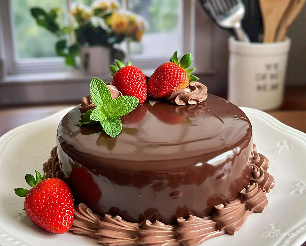A rich chocolate cake adorned with fresh strawberries and mint leaves sits on a decorative plate, set against a cozy kitchen background.