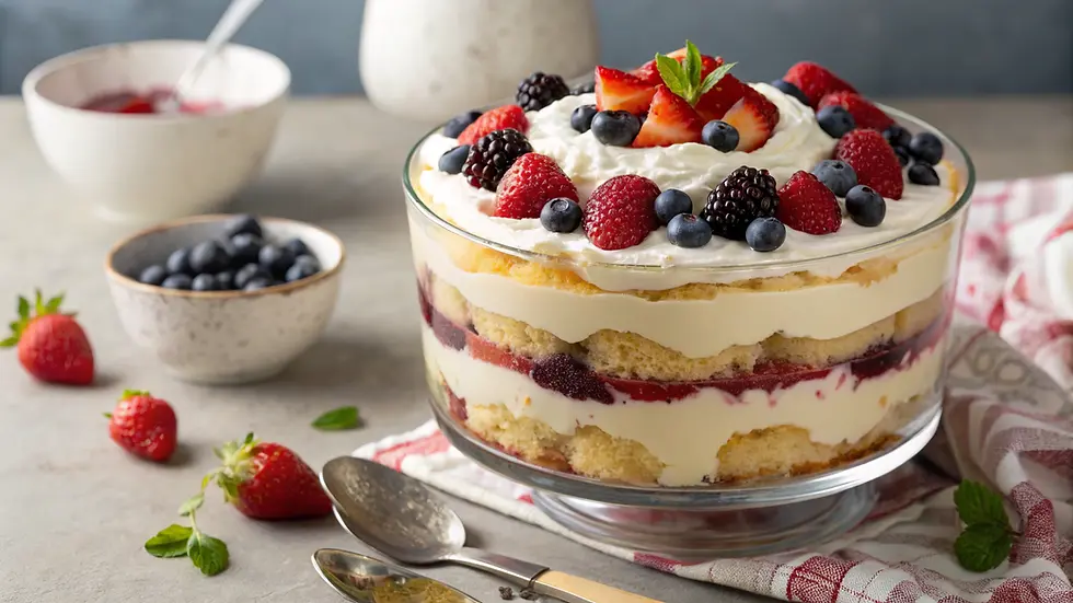 A vibrant berry trifle with layers of cream, sponge cake, and mixed berries arranged in a glass bowl, surrounded by a rustic kitchen setting with fresh fruit and utensils.