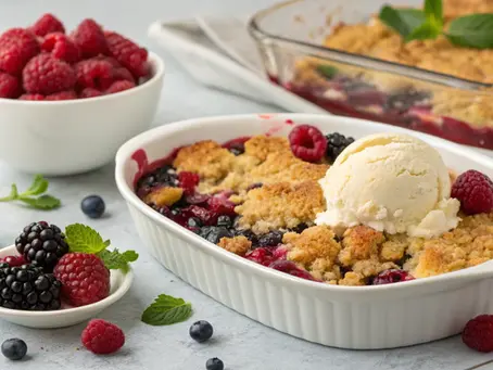 A delightful no added sugar mixed berry crumble topped with a scoop of vanilla ice cream, surrounded by fresh raspberries and blackberries.