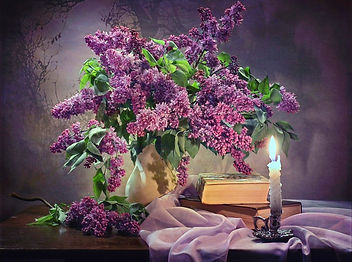 Still-life_Lilac_Candles_Vase_Book_Table