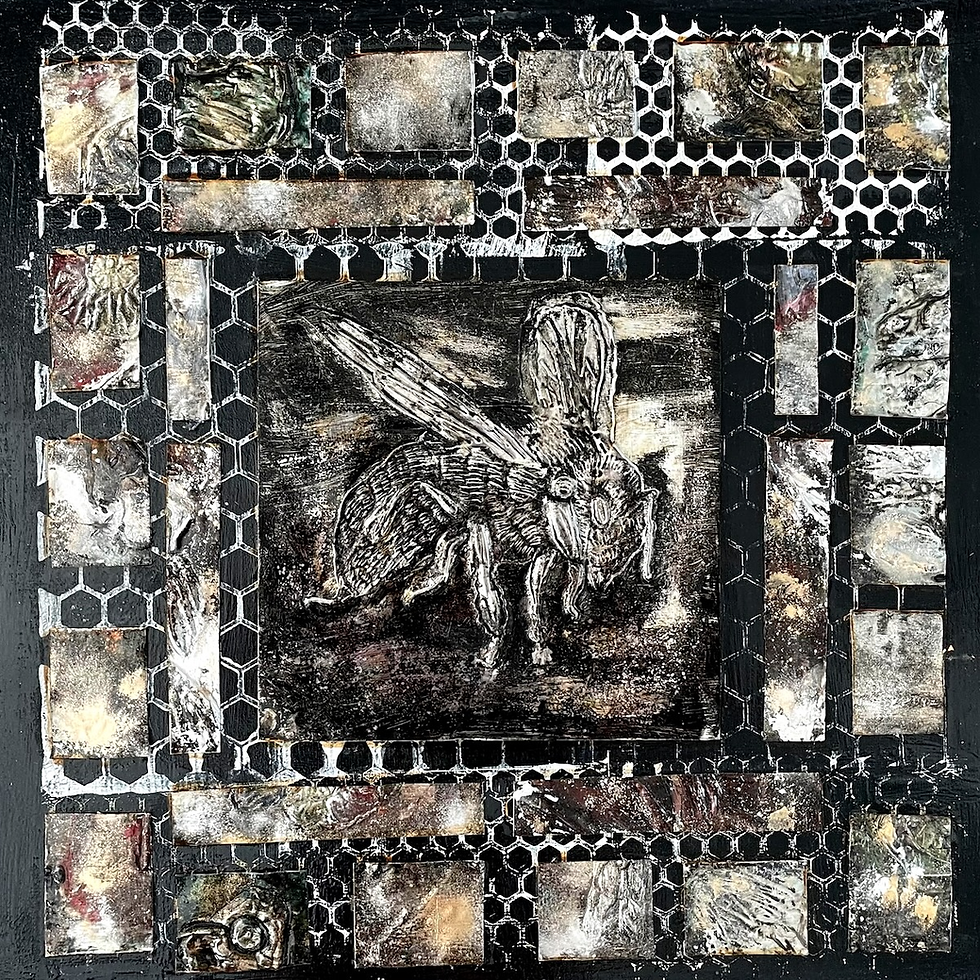 A bee sketch is surrounded by a honeycomb pattern and mixed textures in earthy tones, creating an abstract, intricate design.