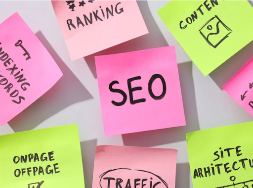 A group of colorful sticky notes hang on the wall labeled "SEO".