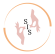 SIGNINterpreting Services circlular logo with surrounding text in gold, pink, and black