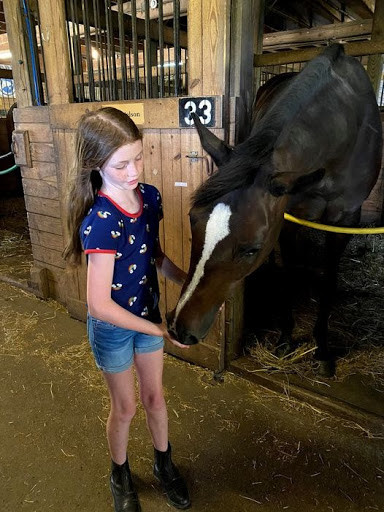 Girl feeding horse at Ryerss