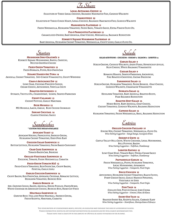 Lunch Menu The Gables At Chadds Ford United States