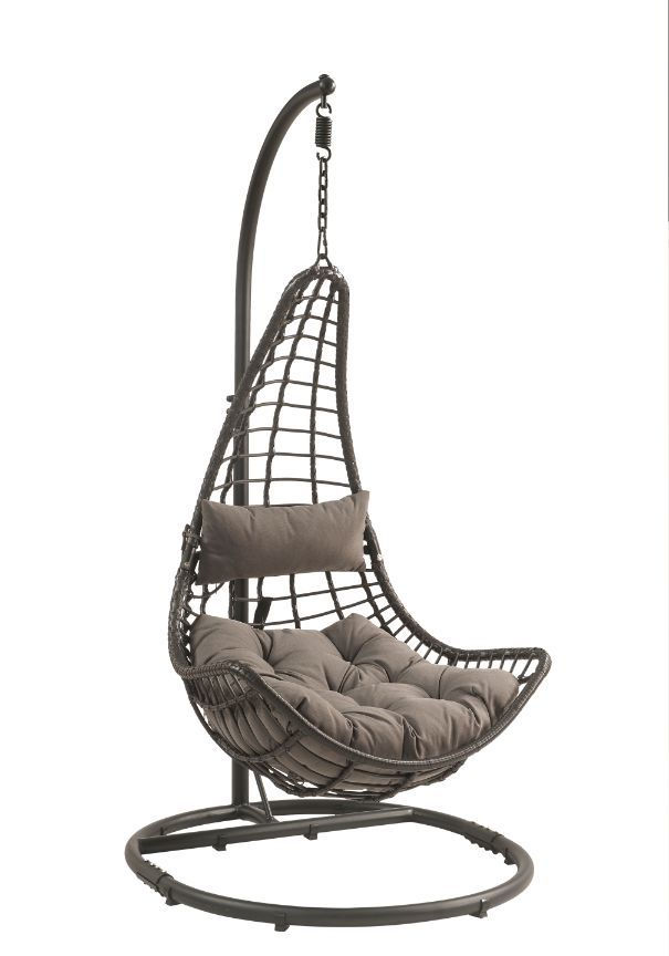 Uzae Patio Hanging Chair with Stand, Gray Fabric & Charcaol Wicker 45105