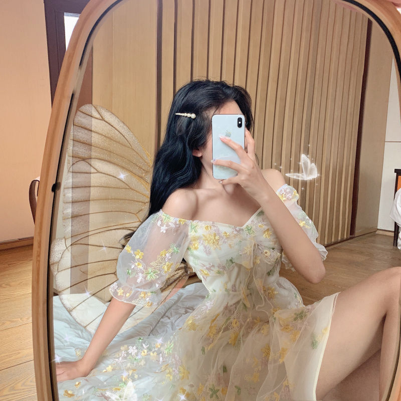 Thumbnail: French Floral Dress Women Sexy Puff Sleeve Lace Chiffon Print Mini Dress Women 