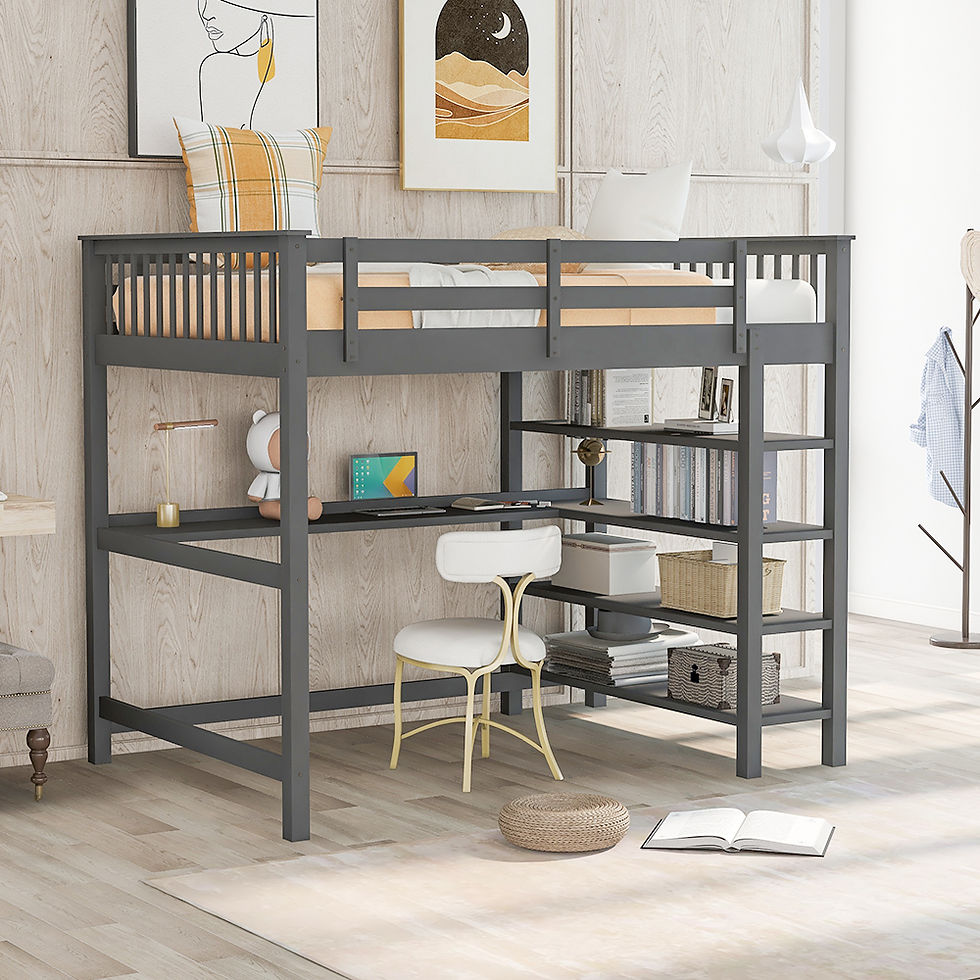 Rubber Wooden Full Size Loft Bed with Storage Shelves and Under-bed Desk, Gray