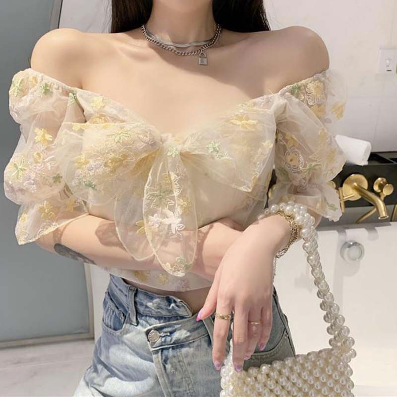 Thumbnail: French Floral Dress Women Sexy Puff Sleeve Lace Chiffon Print Mini Dress Women 