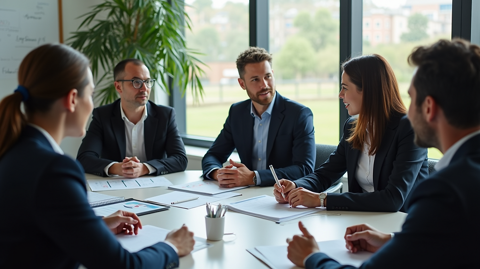 High angle view of a business meeting with consultant and team discussing strategy