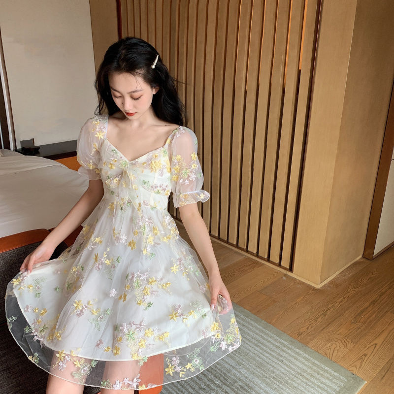 Thumbnail: French Floral Dress Women Sexy Puff Sleeve Lace Chiffon Print Mini Dress Women 