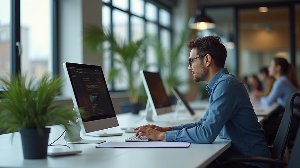 Eye-level view of a modern office setup featuring collaborative software