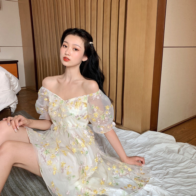 Thumbnail: French Floral Dress Women Sexy Puff Sleeve Lace Chiffon Print Mini Dress Women 