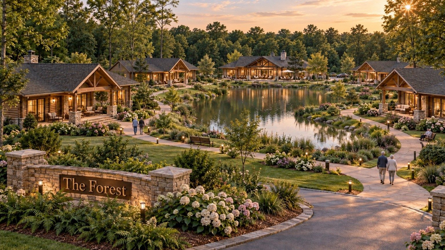 Concept rendering of The Forest, a planned senior living neighborhood with single-story homes around a landscaped pond