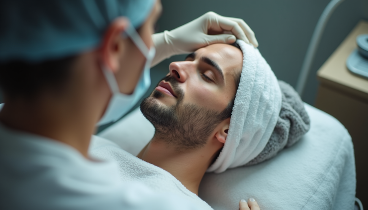 Eye-level view of a male client receiving a non-invasive facial treatment