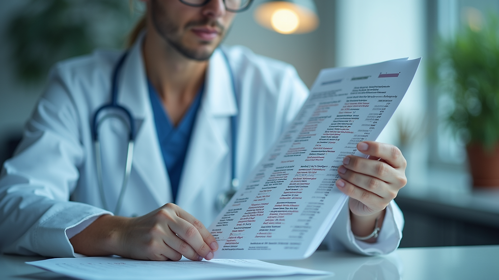 Eye-level view of a medical professional examining blood test results