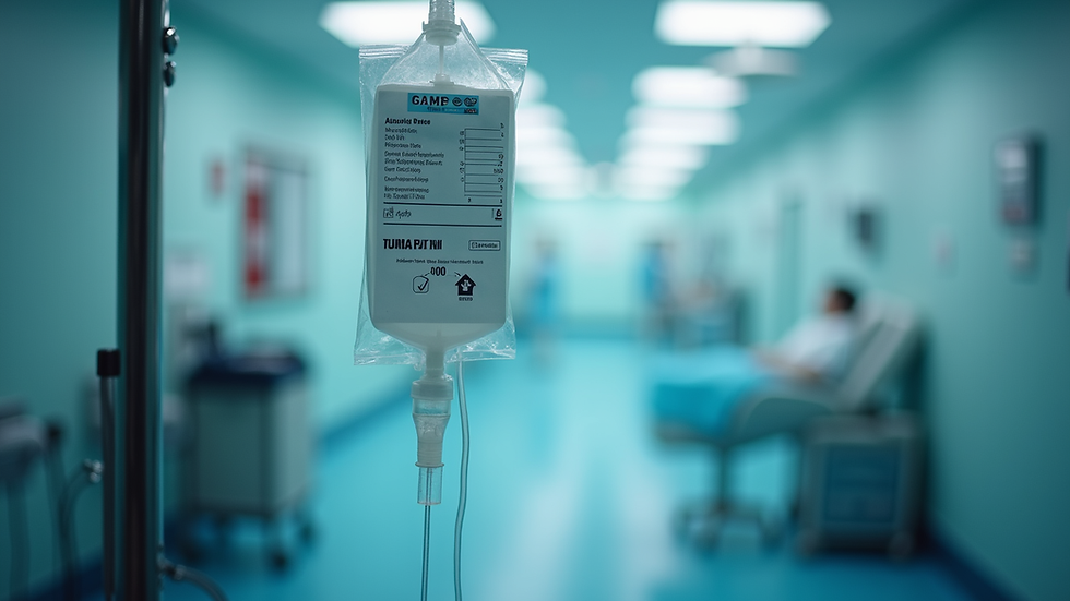 Close-up view of IV drip bag hanging on a stand