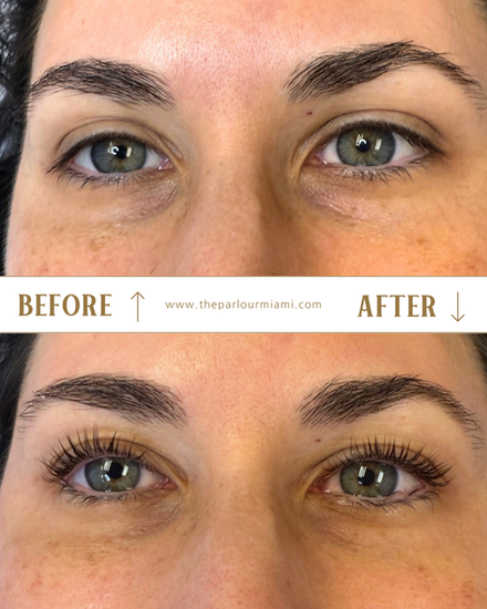 before and after of a lash lift with tint in Miami using Elleebana lash lift products