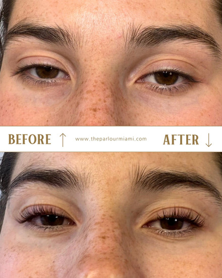 before and after of a lash lift with tint in Miami using Elleebana lash lift products