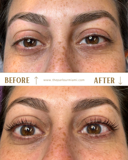 before and after of a lash lift with tint in Miami using Elleebana lash lift products