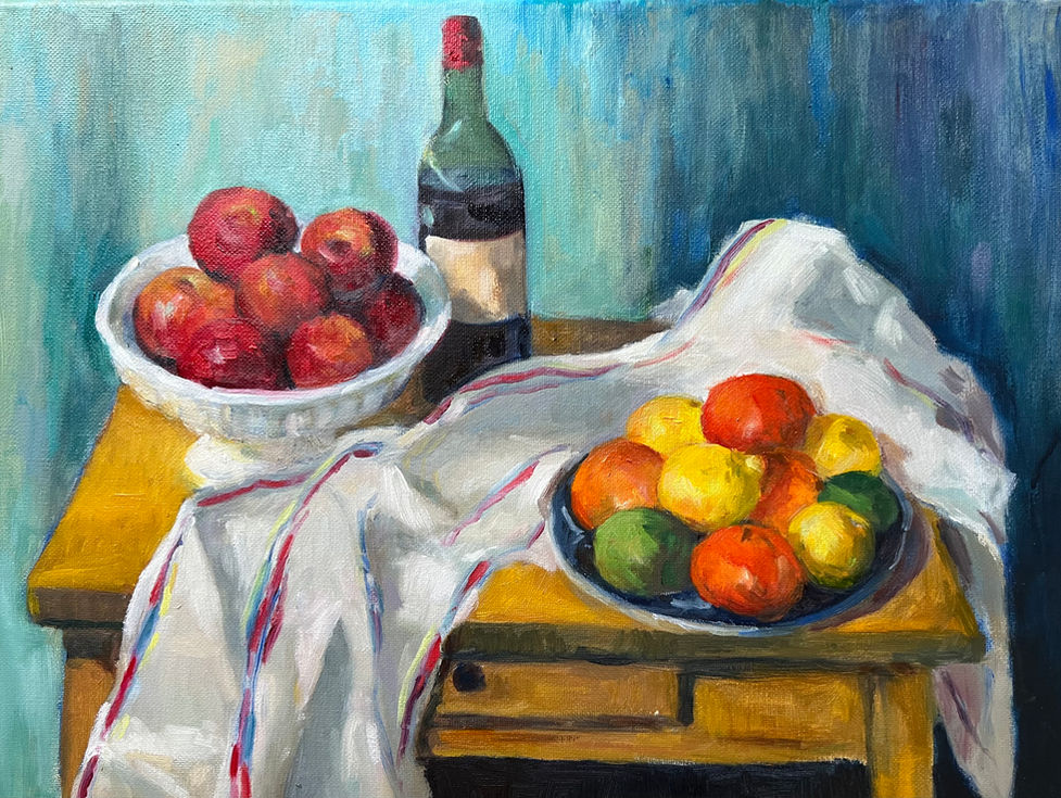 Cezanne Redux: Two Bowls of Fruit. Oil on canvas, 12” x 16”, Available.
