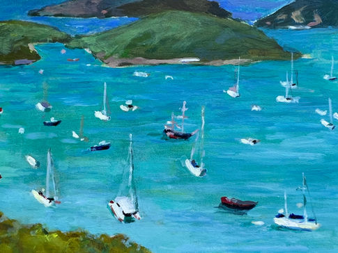Charlotte Amalie Harbor. Acrylic on wood panel, 5” x 7”, Available.
