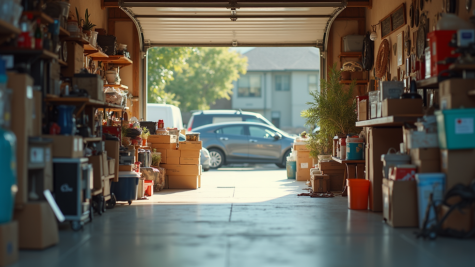 Eye-level view of a well-organized garage sale with various items displayed