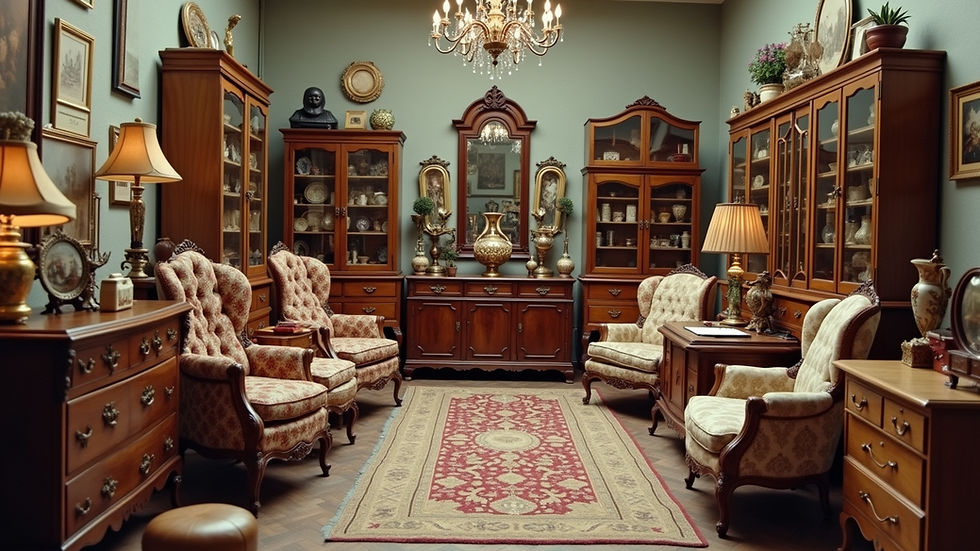 Eye-level view of a beautifully arranged vintage furniture display