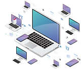 Illustration showing a large number of computer devices including, desktops, laptops, smart phones and tablets.
