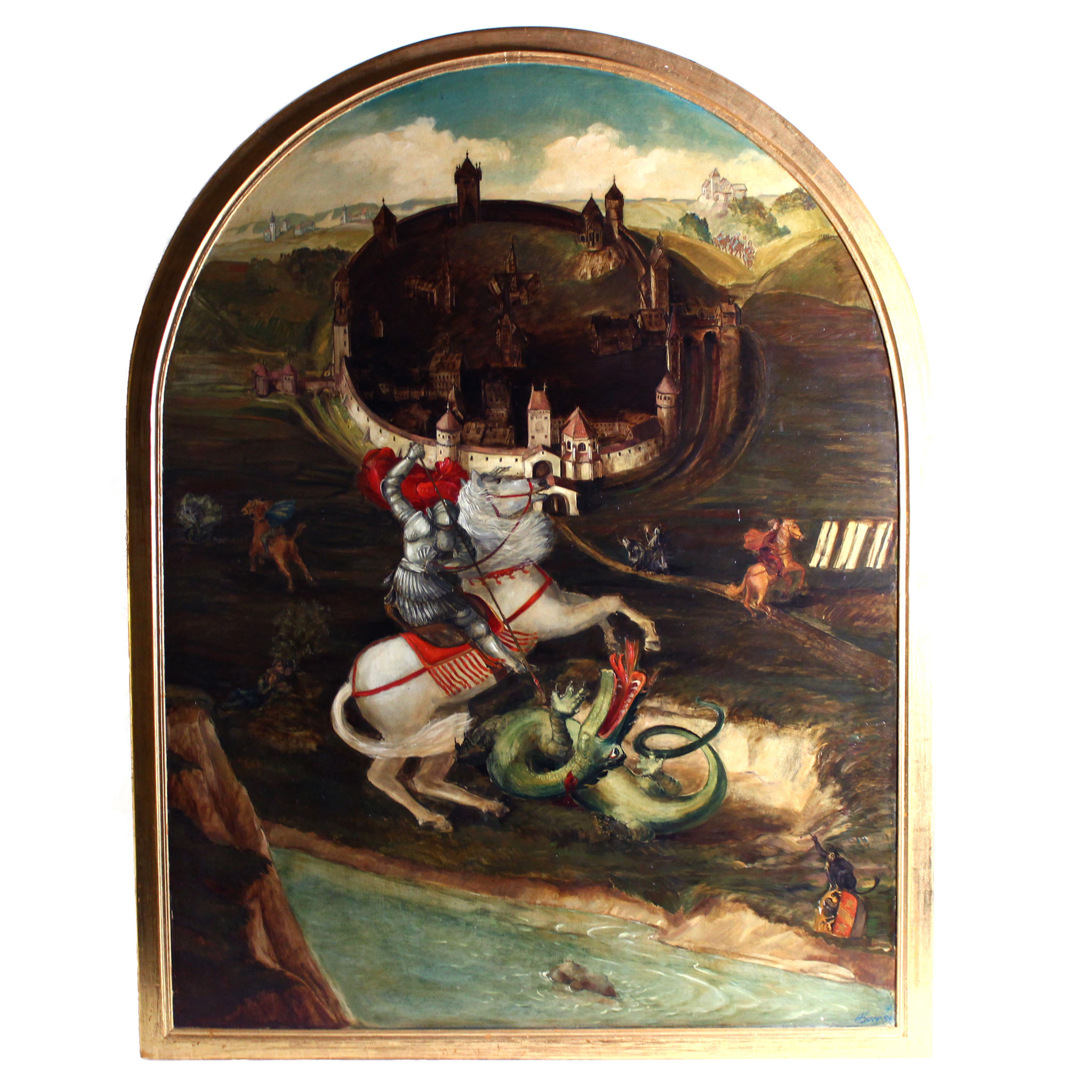 Huge 125 x 95 Oil Painting on Wood St Georges slaying the Dragon, Germany signed