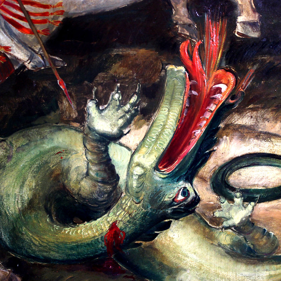 Thumbnail: Huge 125 x 95 Oil Painting on Wood St Georges slaying the Dragon, Germany signed