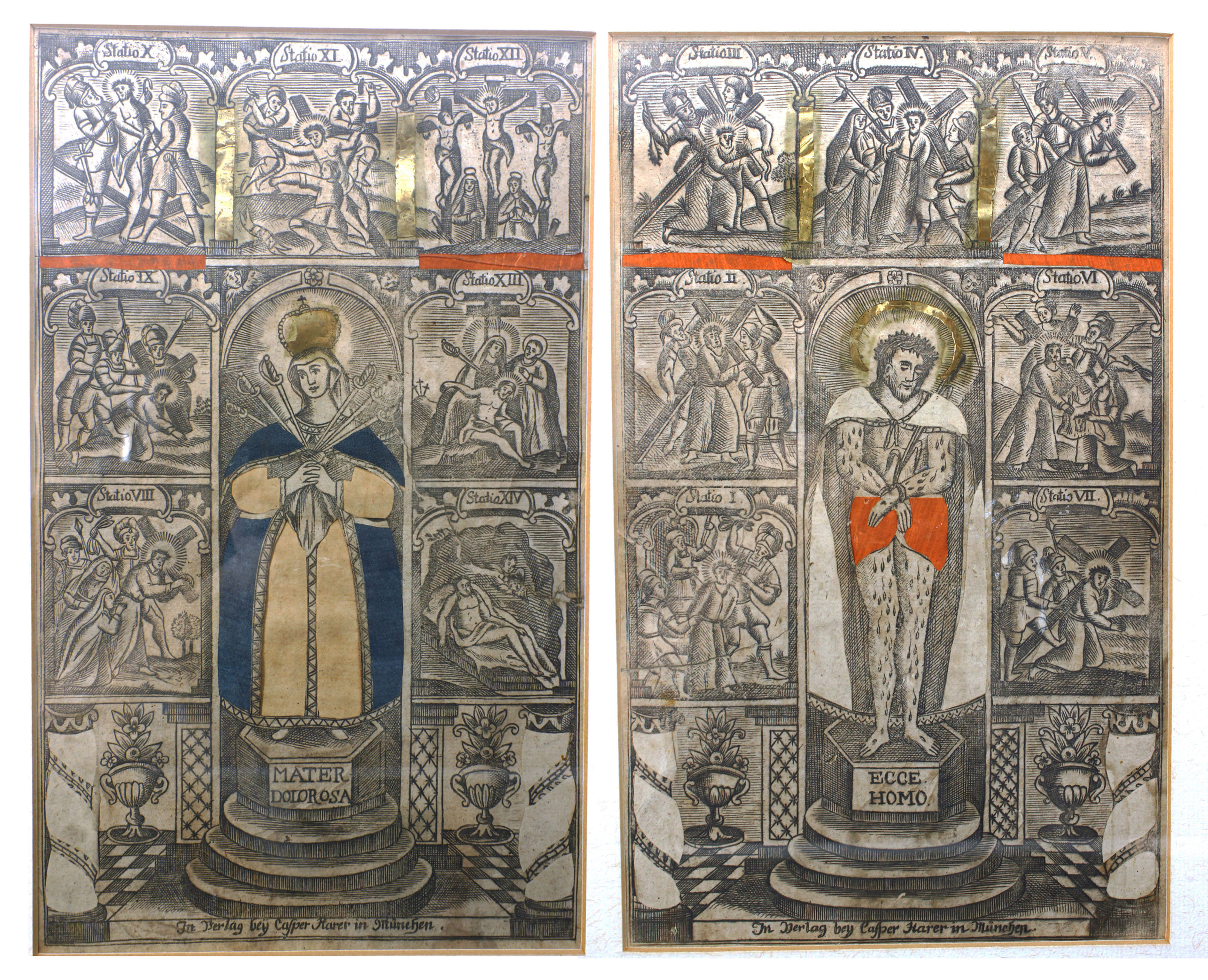 Diptych Religious Folk Artwork Devotional Engravings of Jesus Virgin Mary and Calvary