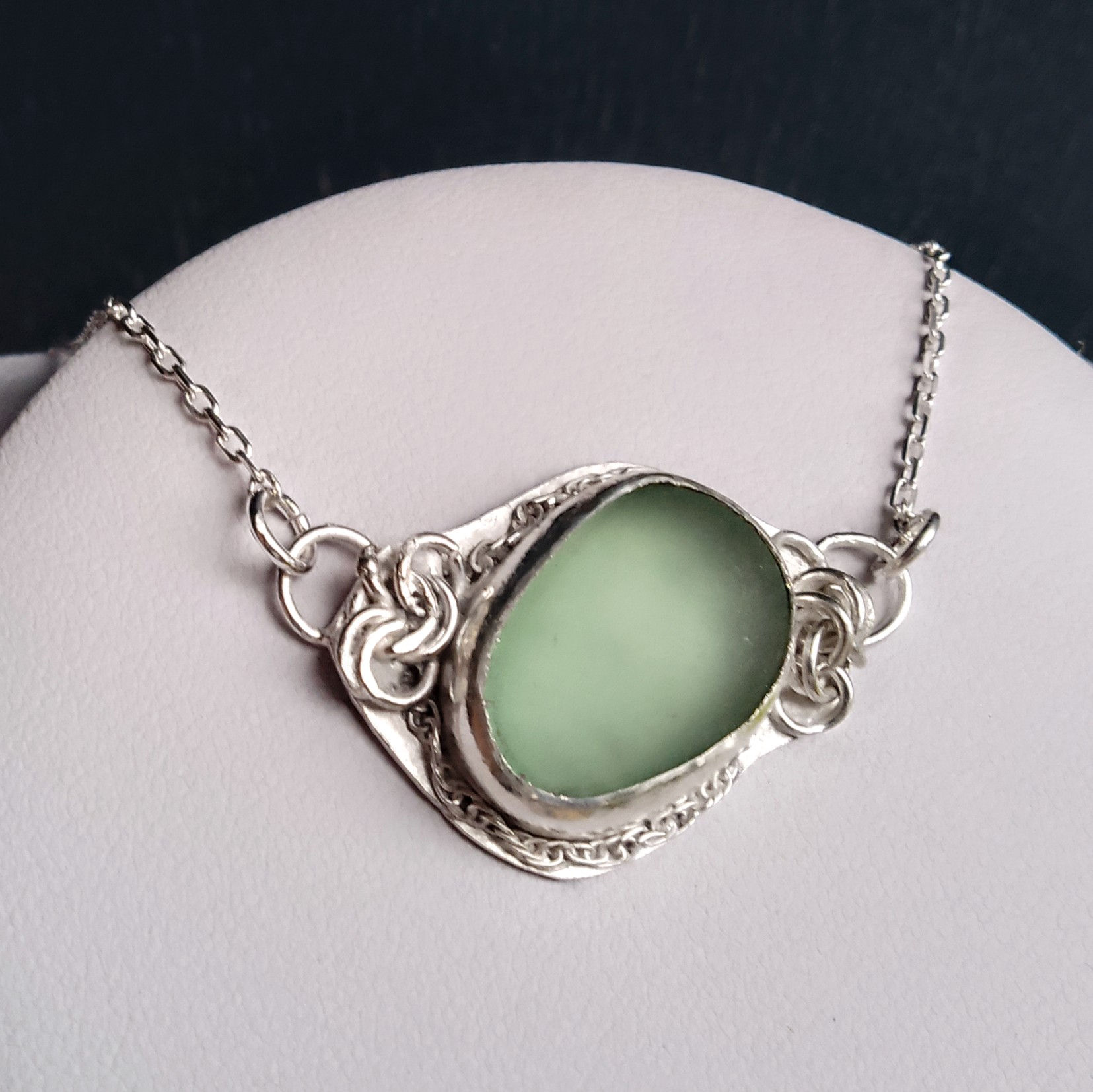 Seafoam teal gray and solid silver pendant
