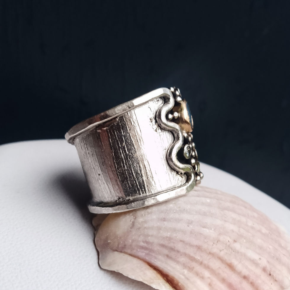Thumbnail: "Sea & Rocks" Solid Silver and Gold sea glass ring with Sapphire & Moissanit