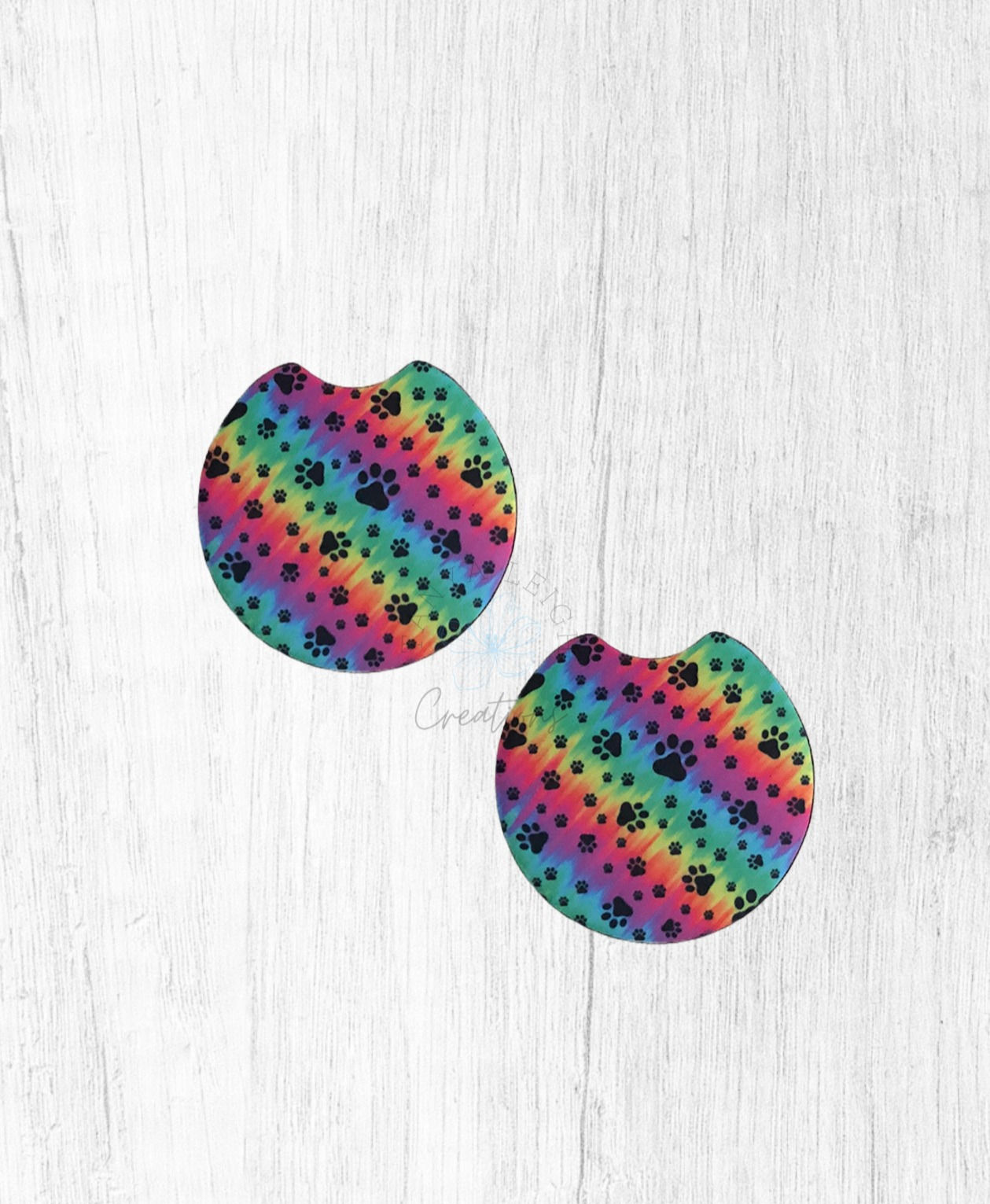 Rainbow Tie Dye Dog Paw Car Coaster Set