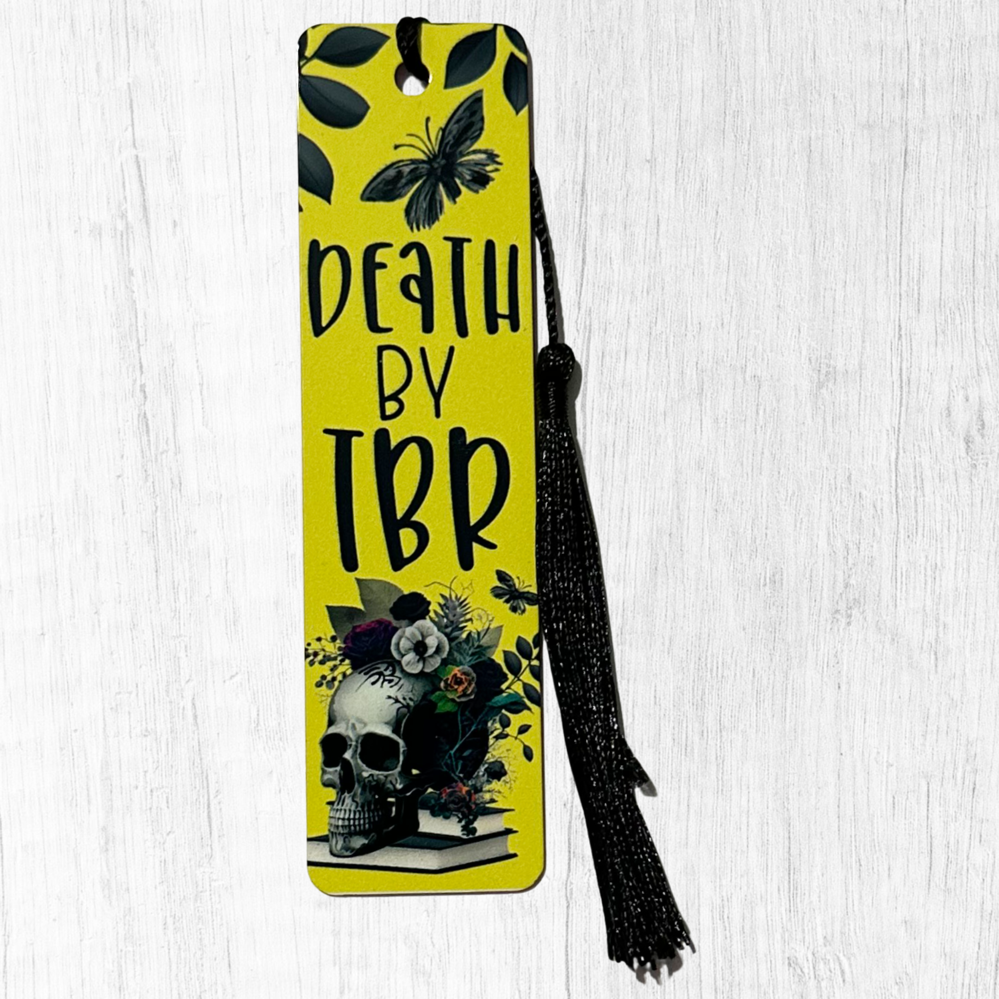 Yellow death by TBR bookmark with skull and black tassel