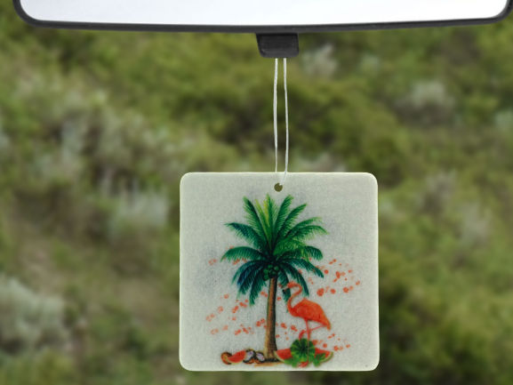 flamingo and palm tree tropical car air freshener