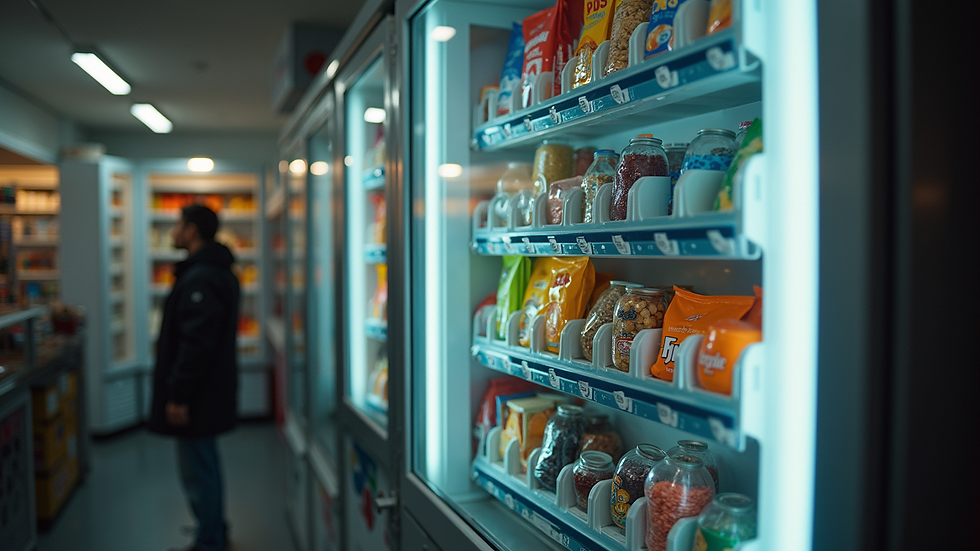 Eye-level view of a vending machine filled with snacks and beverages