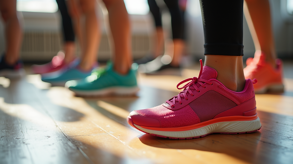 Close-up view of colorful Zumba shoes on a wooden floor during a dance workout
