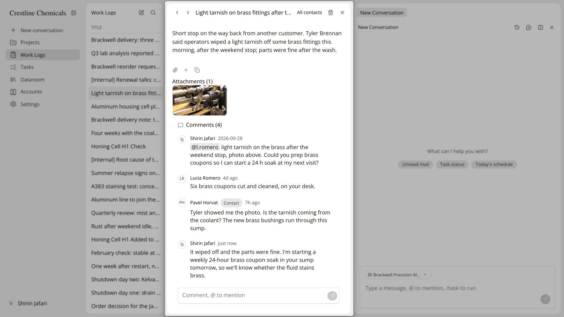 A comment mentioning a colleague under the log's photo, followed by the replies.