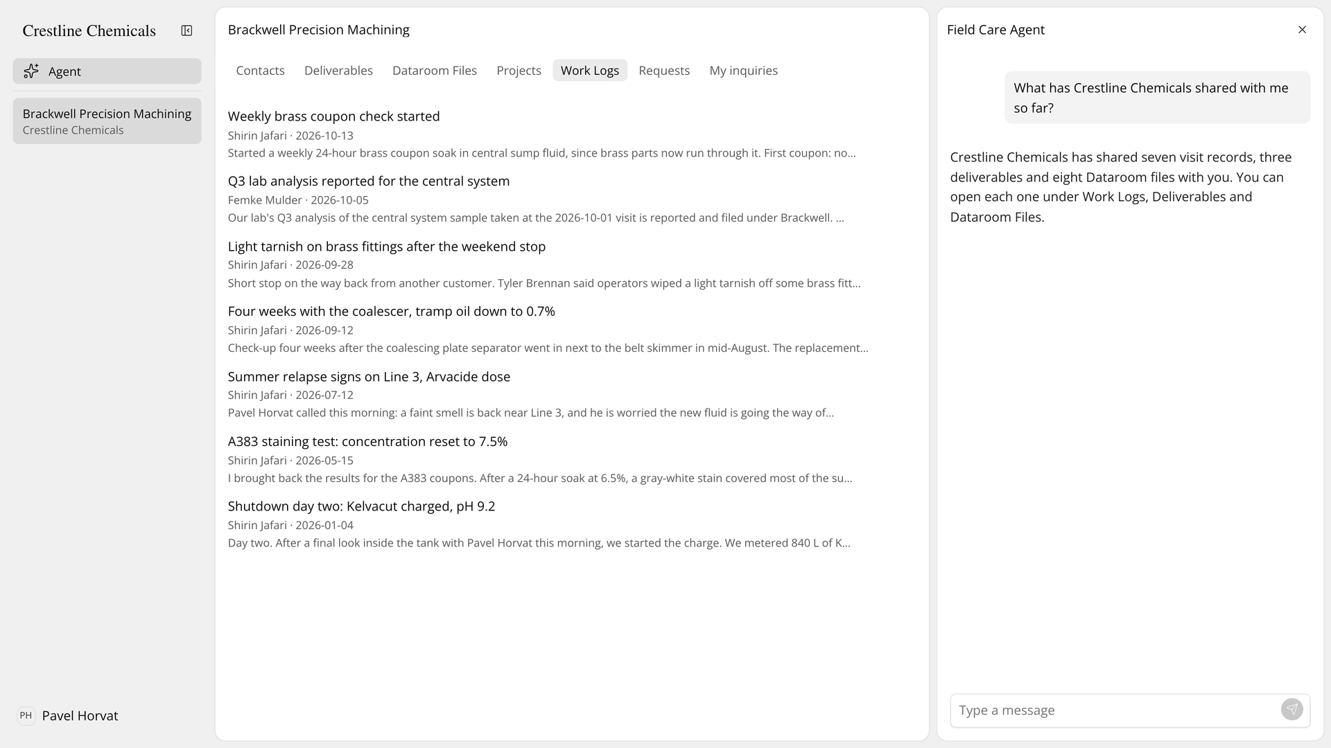 A contact's Client Space on the Work Logs tab, with the Field Care Agent summing up what was shared.