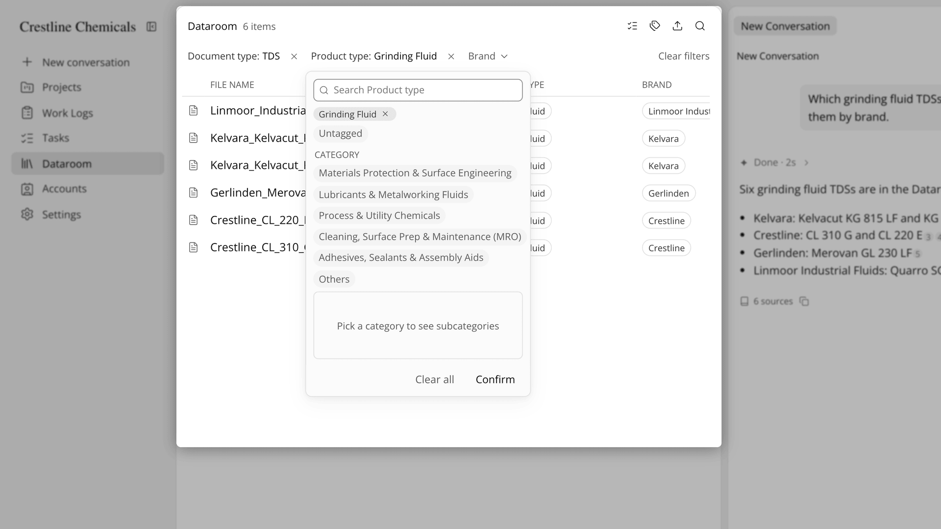 The Dataroom list narrowed by filters, with the Product type filter open and Untagged listed among its values.