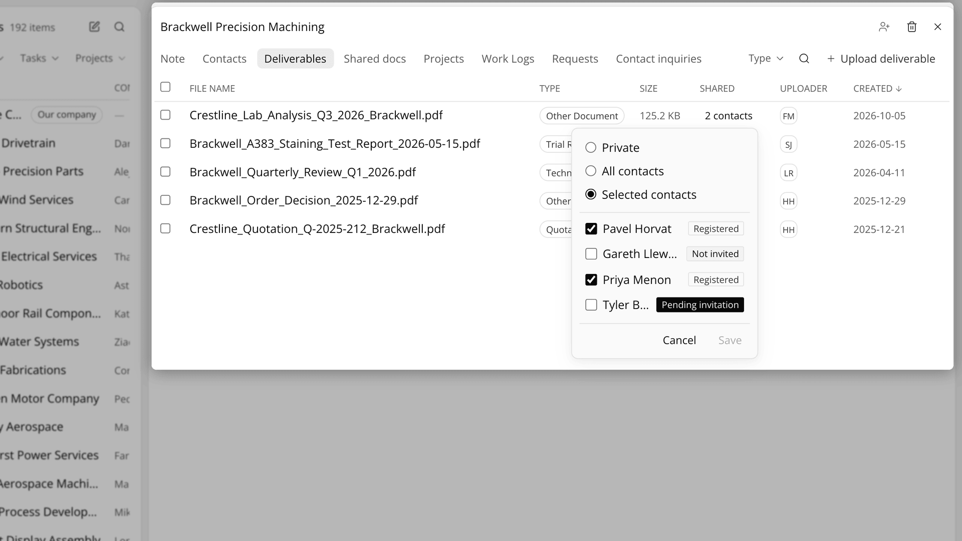 Who can see this set to Selected contacts on a deliverable, with two registered contacts ticked.