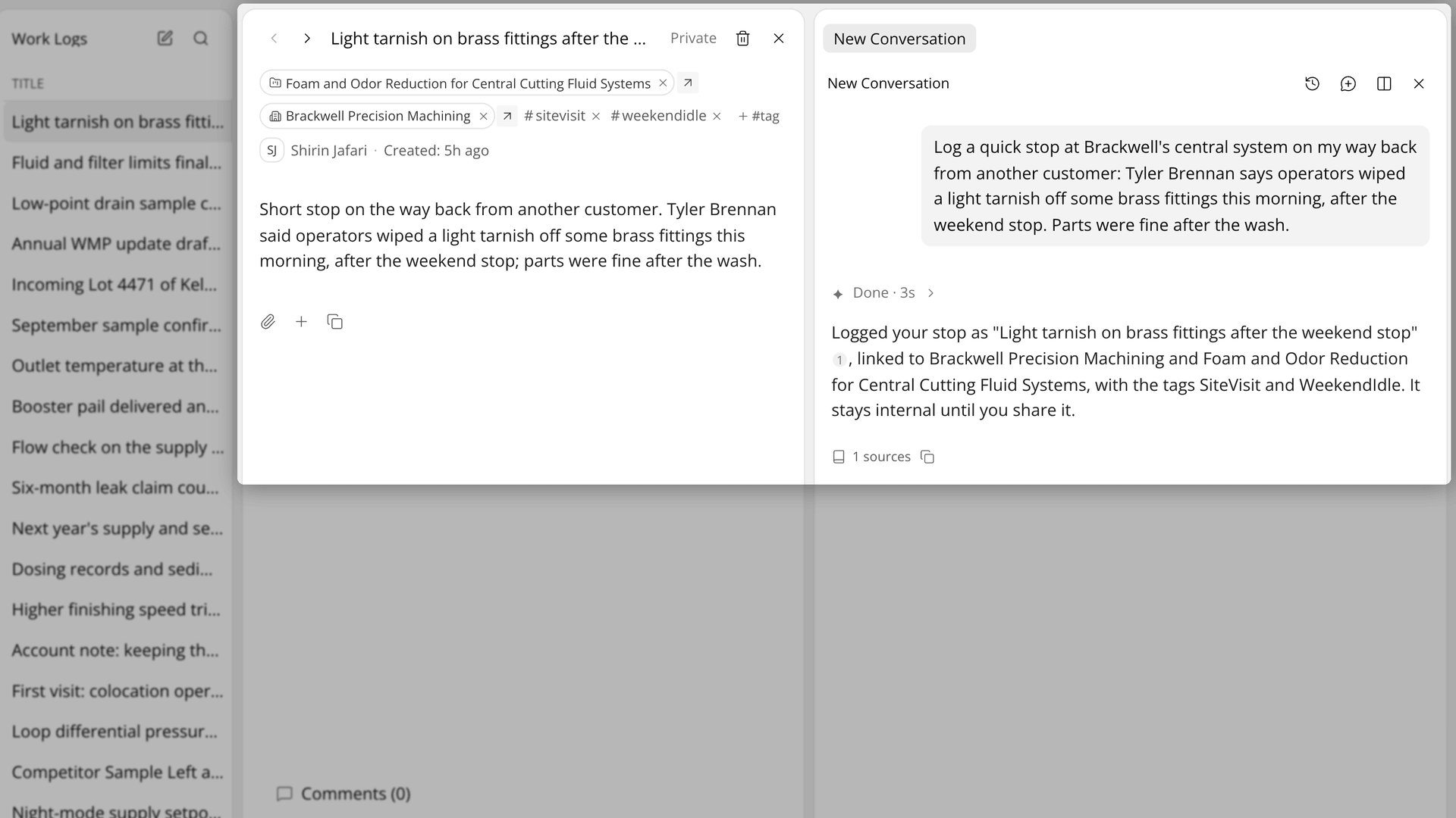 A casual chat message about a site visit, the reply confirming the saved log, and the log linked to its account and project.