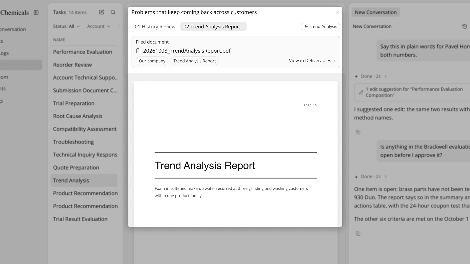 The Filed document card marked Our company above an internal report's cover.