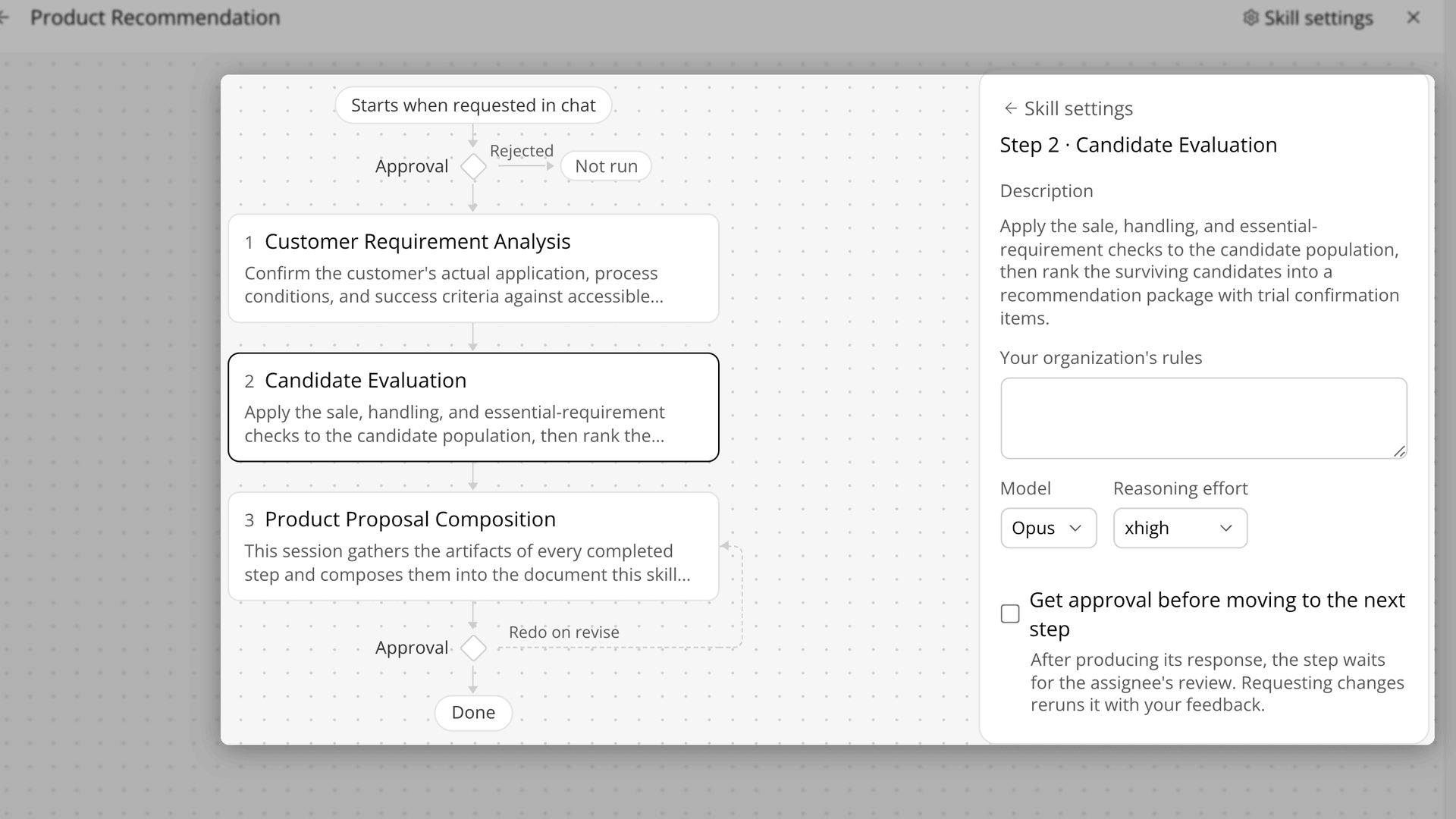 The Product Recommendation flow with its approval points, and the Candidate Evaluation step panel with its approval checkbox.