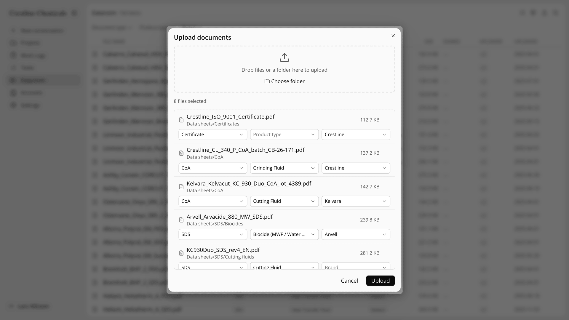 Upload rows with suggested tags for a sample brand's coolant sheets, and the product type search open on one row.