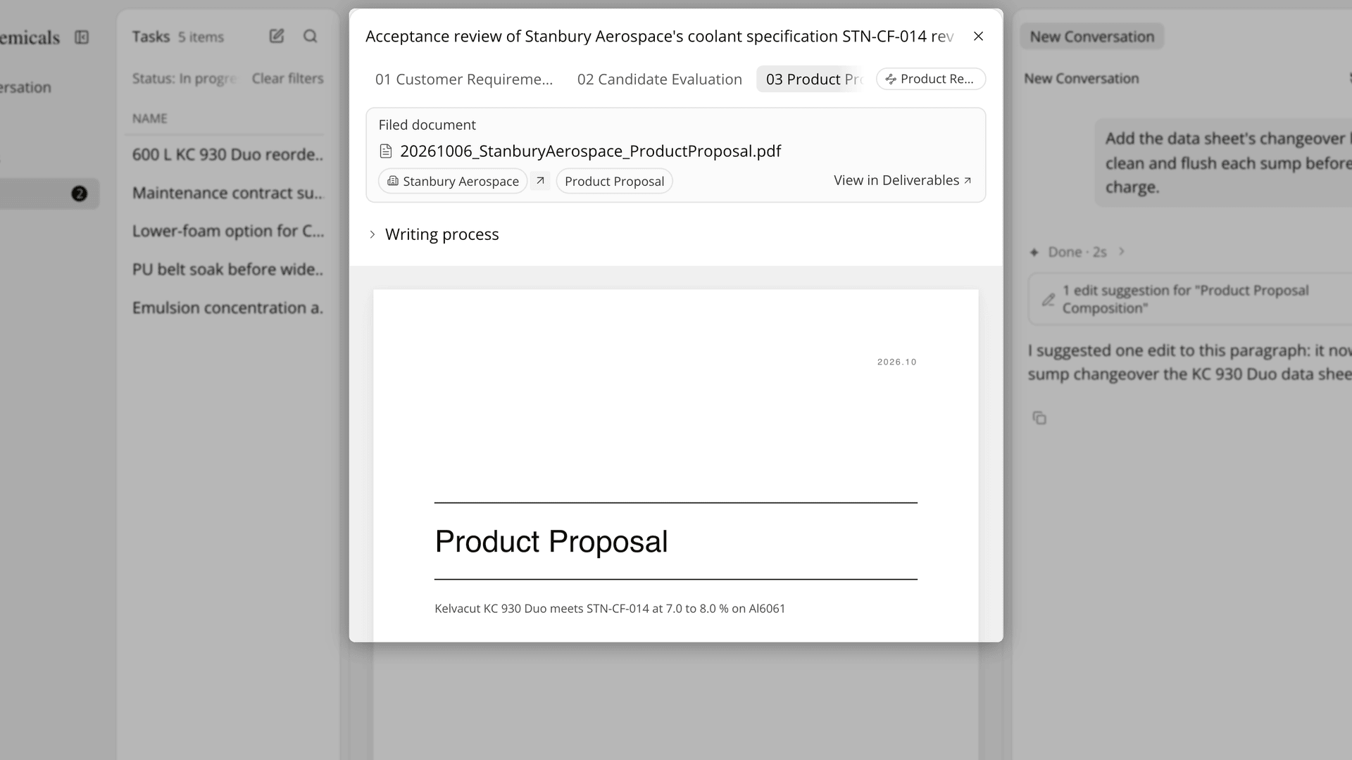 The Filed document card for a sample account's proposal, with its file name, account chip and document type.