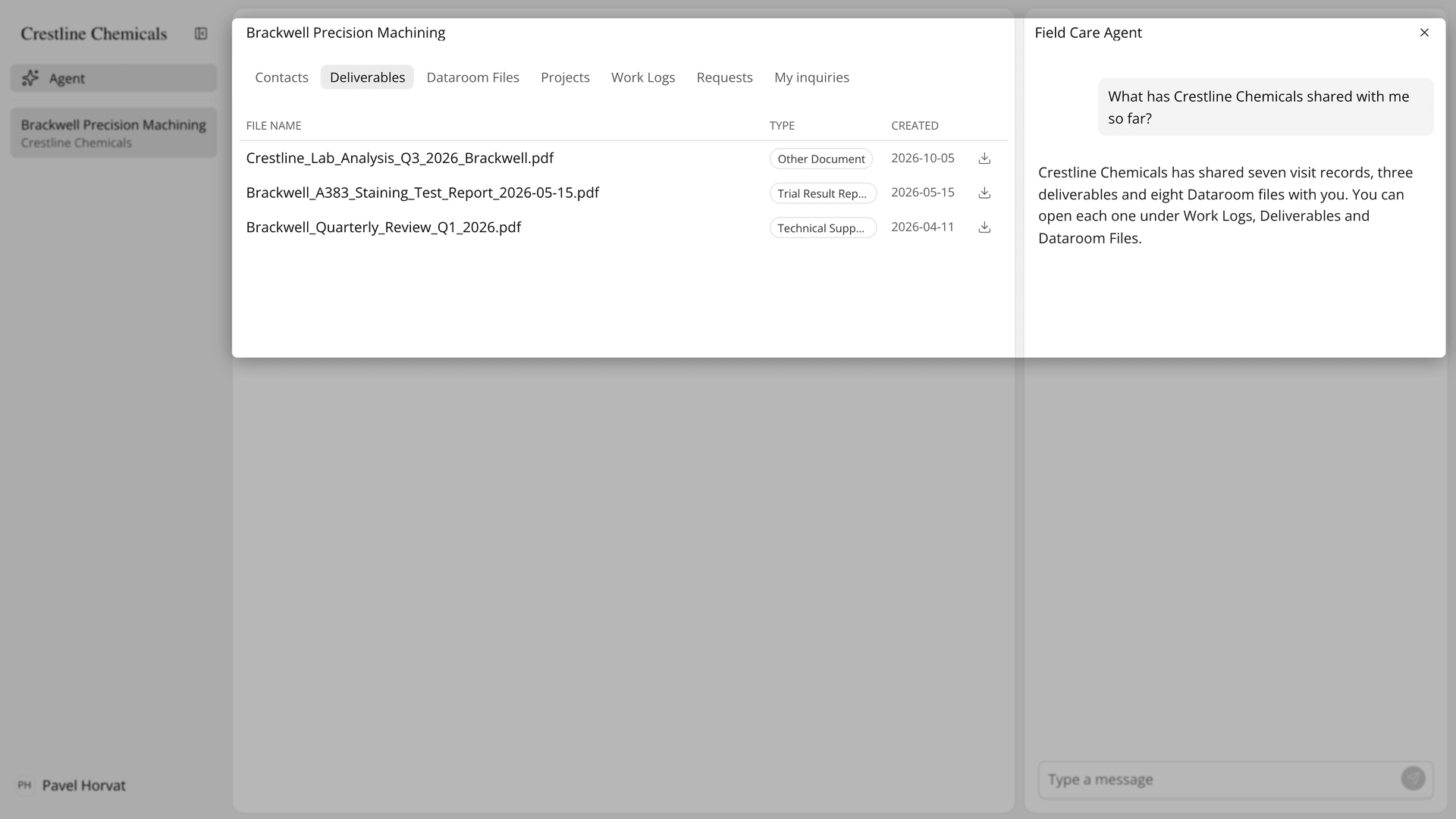 The Deliverables tab of a contact's Client Space and the Field Care Agent answering what was shared.